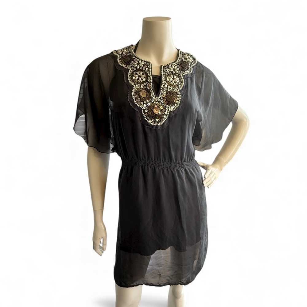 Trixxi Juniors 9 Embellished Beaded & Sequin Chiffon Tunic Dress – Dark Gray - Picture 3 of 8